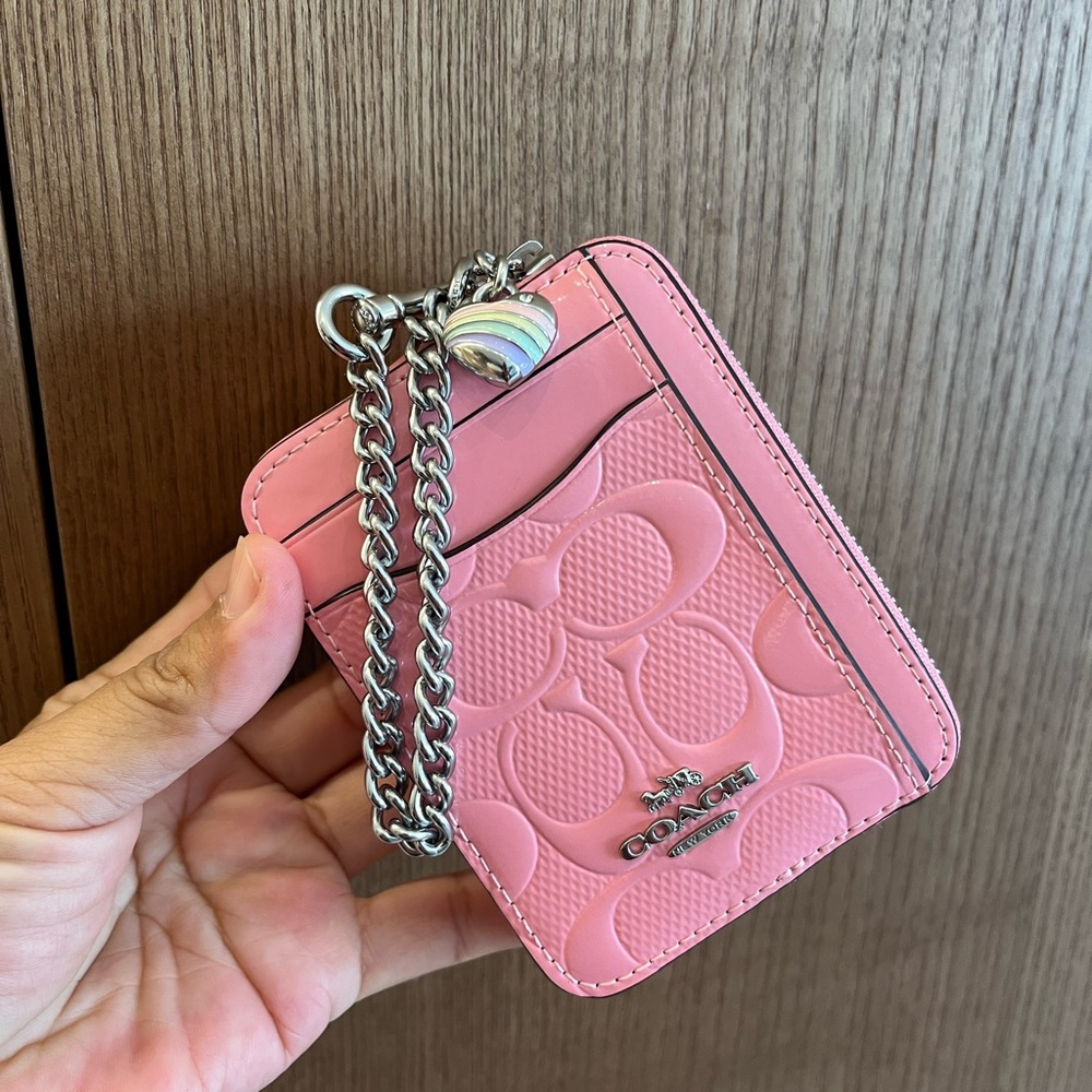 Coach Pink Signature Card Holder with Silver Chain and Heart Charm